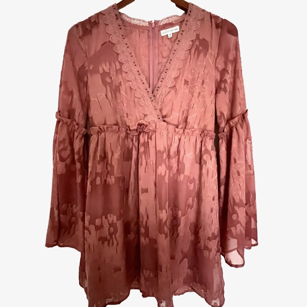 Moon River Babydoll Dress Lace Burnout Ruffled Long bell sleeve Mini
